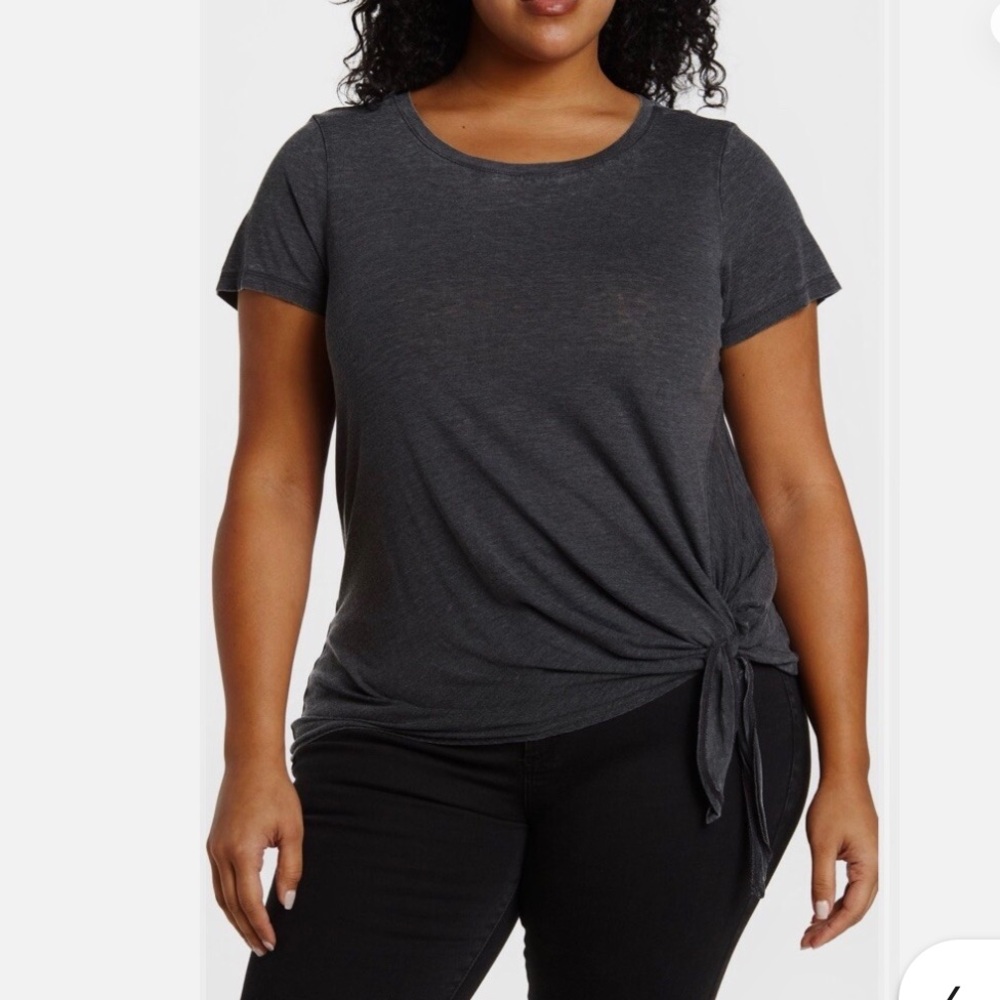 NWT Caslon Women's Plus Size Burnout Tie Front Short Sleeve T-Shirt Gray Sz 3X